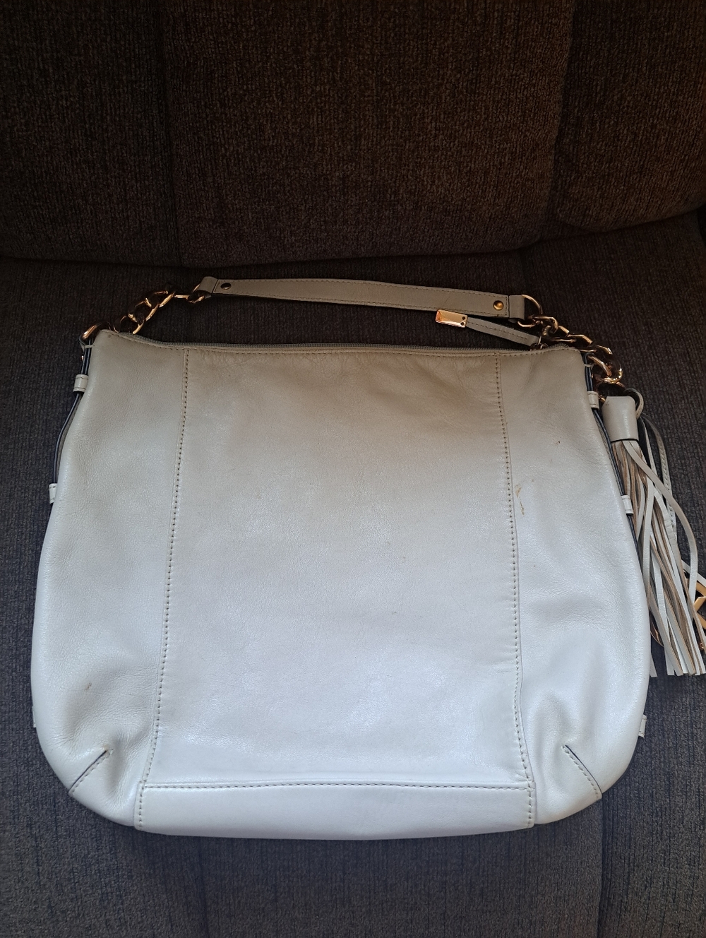 Michael Kors Devon Bone Color Leather Shoulder Bag with Tassel Charm - Picture 2 of 8